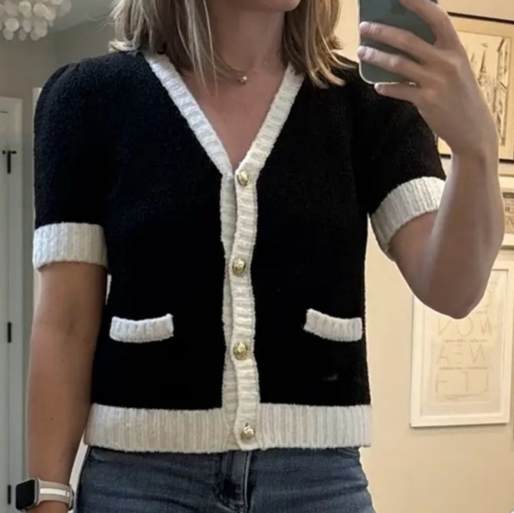 NEW CECE | Contrast Trim Cardigan Sweater - Picture 1 of 7
